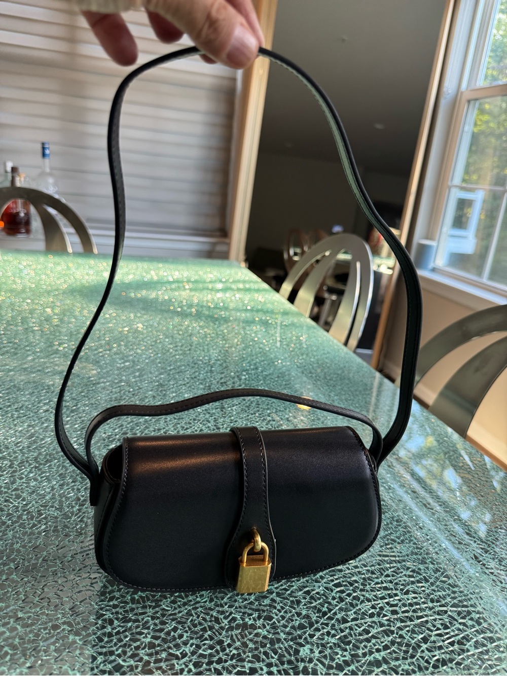 Tiffany & Fred Black Leather Shoulder Bag with Gold Lock